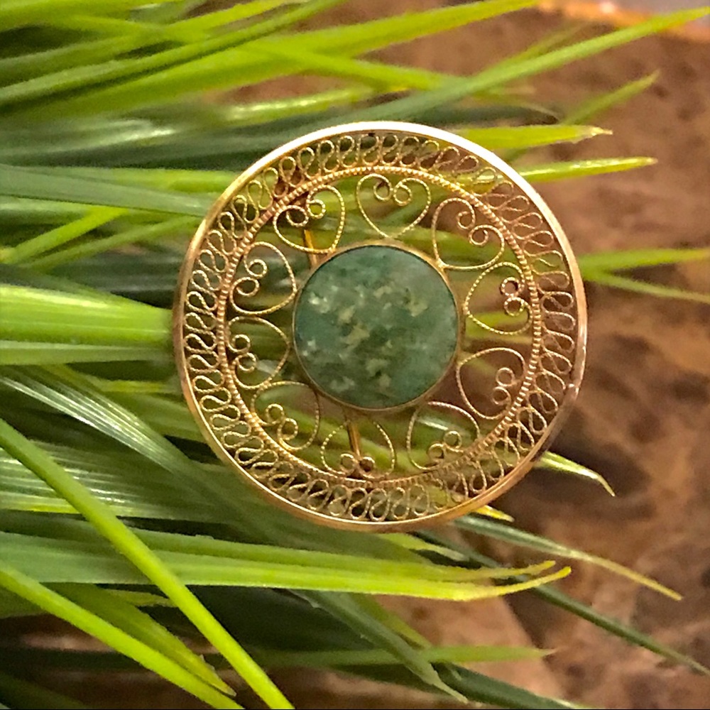 Vintage 12K GF JADE BROOCH PIN GEMSTONE